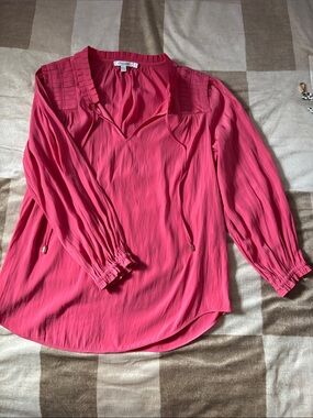 Chico's Hot Pink Pleated Yoke V-Neck Blouse
